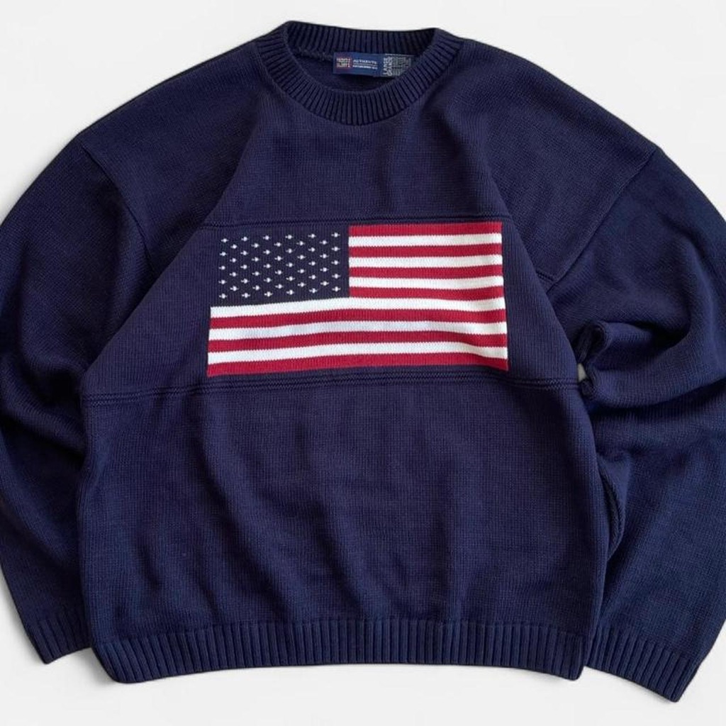 Navy American Flag Knit Sweater Usa Patriotic Pullover Crewneck Faded Glory L